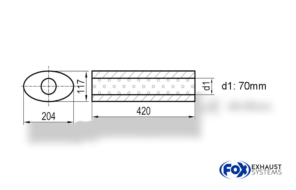 FoxUni-Schalldämpfer oval ohne Stutzen - Abwicklung 525 204x117mm, d1Ø 70mm, Länge: 420mm