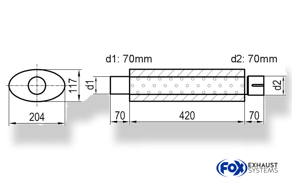 Fox Uni-Schalldämpfer oval mit Stutzen - Abwicklung 525 204x117mm, d1Ø 70mm  d2Ø 70,5mm, Länge: 420mm
