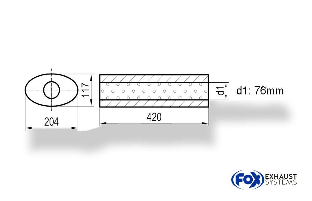 FoxUni-Schalldämpfer oval ohne Stutzen - Abwicklung 525 204x117mm, d1Ø 76mm, Länge: 420mm