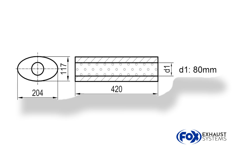 FoxUni-Schalldämpfer oval ohne Stutzen - Abwicklung 525 204x117mm, d1Ø 80mm, Länge: 420mm
