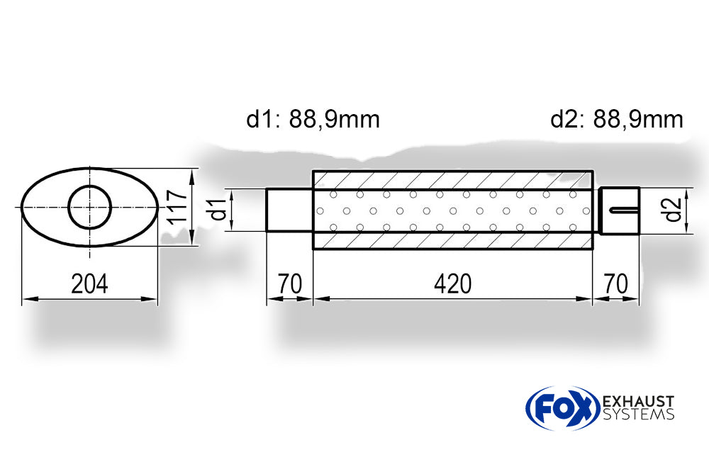 FoxUni-Schalldämpfer oval mit Stutzen - Abwicklung 525 204x117mm, d1Ø 88,9mm, Länge: 420mm