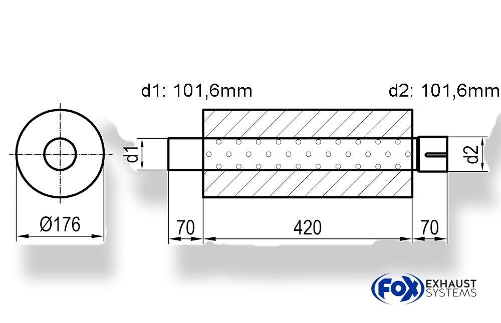 FoxUni-Schalldämpfer rund mit Stutzen - Abwicklung 556 Ø 176mm, d1Ø 88,9mm außen - d2Ø 88,9mm innen - Länge: 420mm