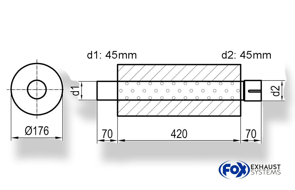 Fox Uni-Schalldämpfer rund mit Stutzen - Abwicklung 556 Ø 176mm, d1Ø 101,6mm außen, d2Ø 101,6mm innen - Länge: 420mm