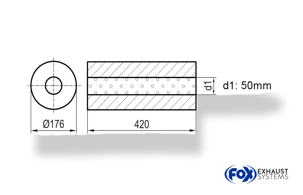 FoxUni-Schalldämpfer rund ohne Stutzen - Abwicklung 556 Ø 176mm, d1Ø 45mm, Länge: 420mm -Ø 176mm