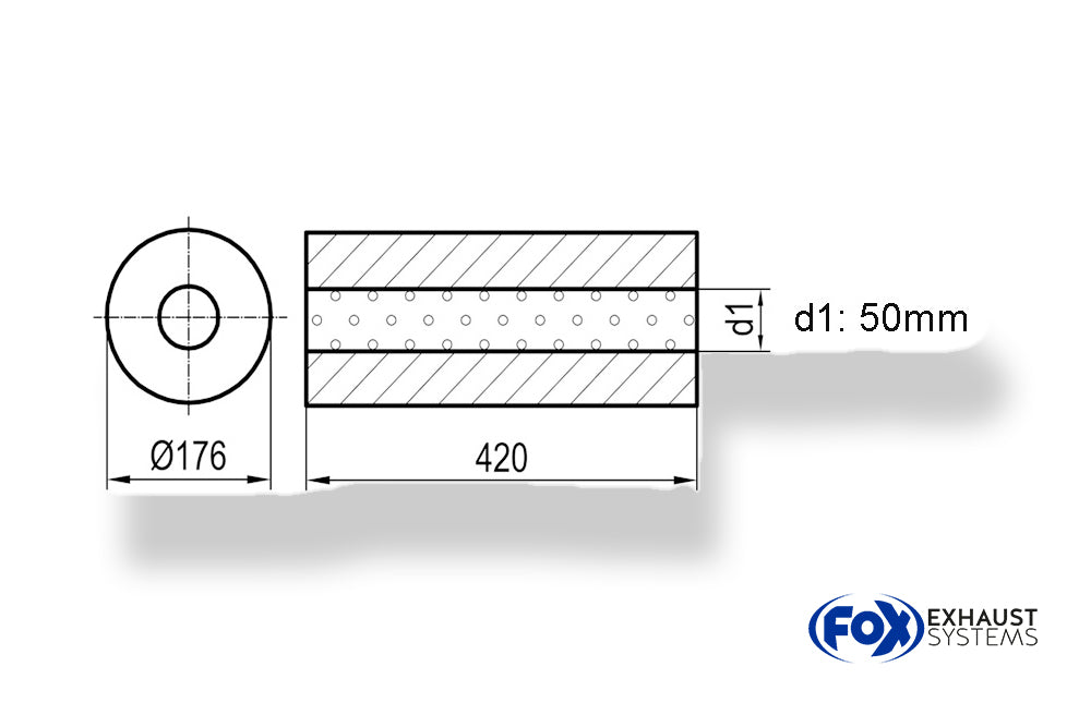 FoxUni-Schalldämpfer rund ohne Stutzen - Abwicklung 556 Ø 176mm, d1Ø 50mm, Länge: 420mm -Ø 176mm