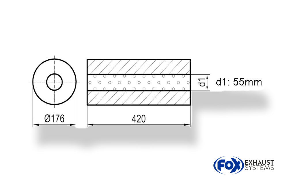 FoxUni-Schalldämpfer rund ohne Stutzen - Abwicklung 556 Ø 176mm, d1Ø 55mm, Länge: 420mm -Ø 176mm