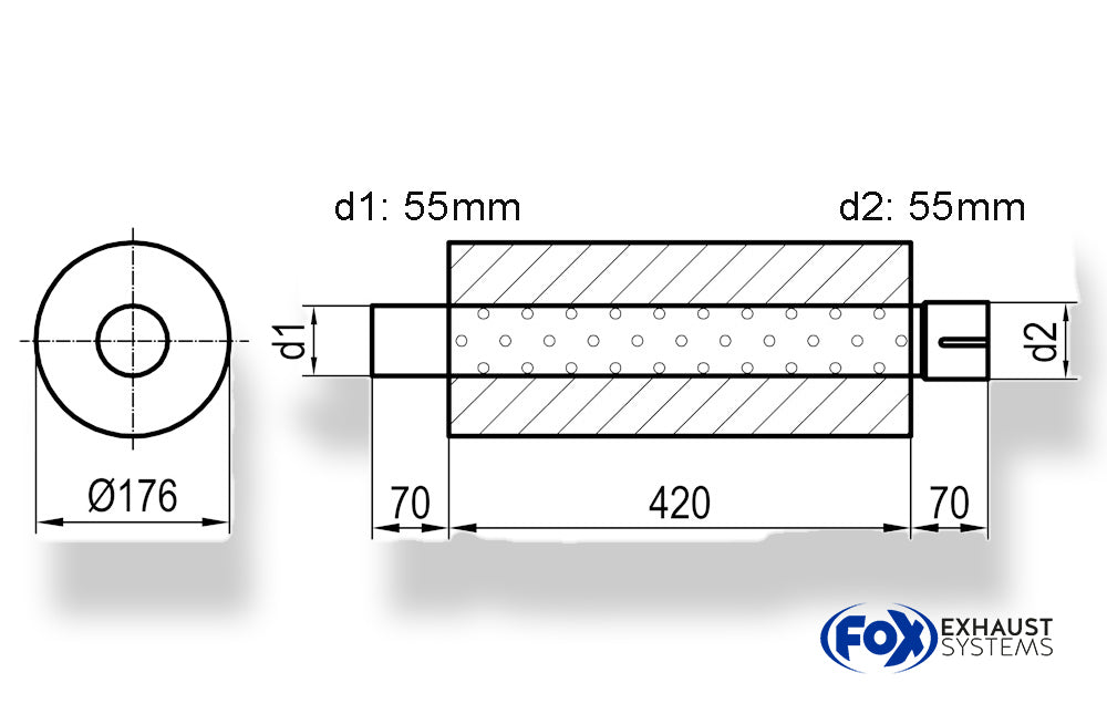 FoxUni-Schalldämpfer rund mit Stutzen - Abwicklung 556 Ø 176mm, d1Ø 55mm  d2Ø 55,5mm, Länge: 420mm