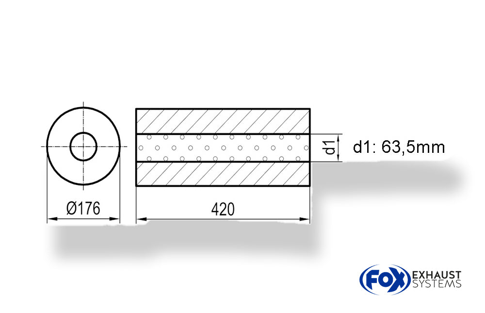 FoxUni-Schalldämpfer rund ohne Stutzen - Abwicklung 556 Ø 176mm, d1Ø 63,5mm, Länge: 420mm -Ø 176mm
