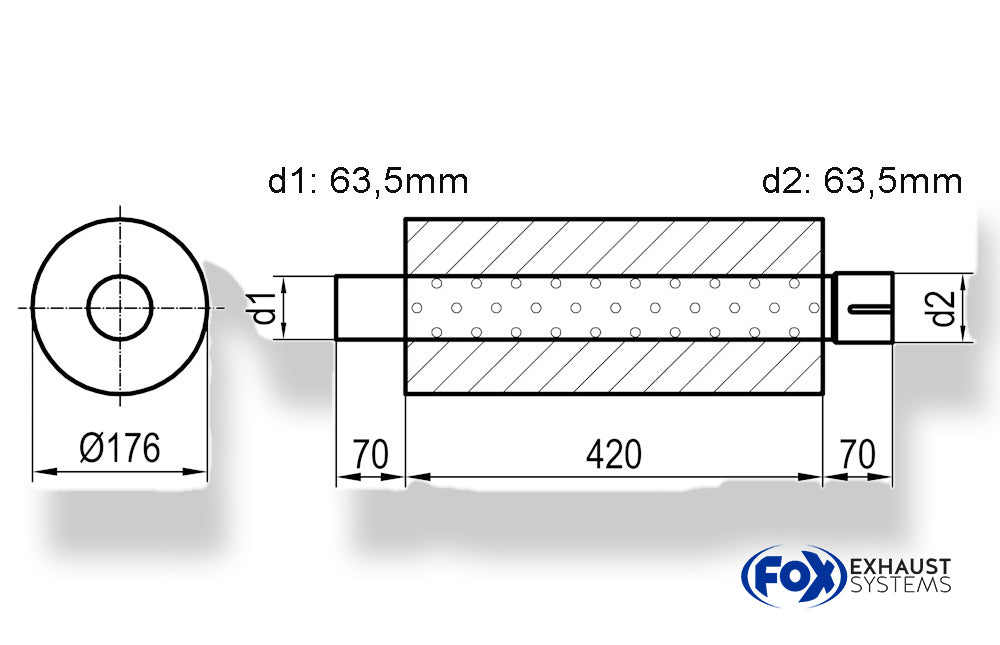 FoxUni-Schalldämpfer rund mit Stutzen - Abwicklung 556 Ø 176mm, d1Ø 63,5mm  d2Ø 64mm, Länge: 420mm