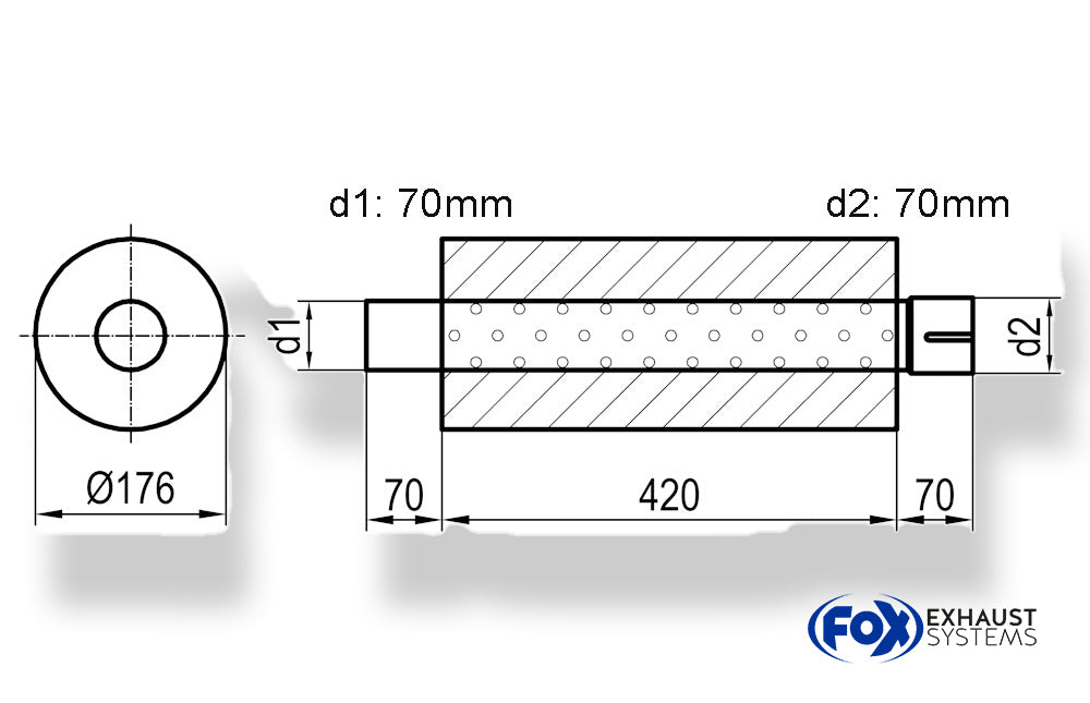 FoxUni-Schalldämpfer rund mit Stutzen - Abwicklung 556 Ø 176mm, d1Ø 70mm  d2Ø 70,5mm, Länge: 420mm