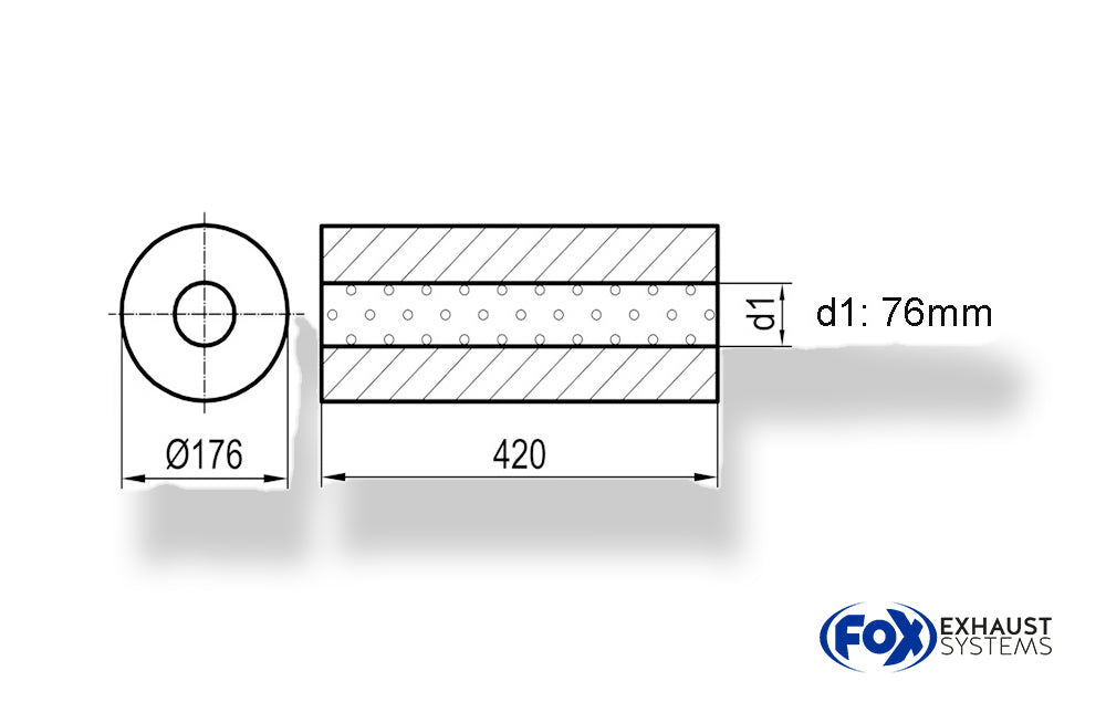 FoxUni-Schalldämpfer rund ohne Stutzen - Abwicklung 556 Ø 176mm, d1Ø 76mm, Länge: 420mm