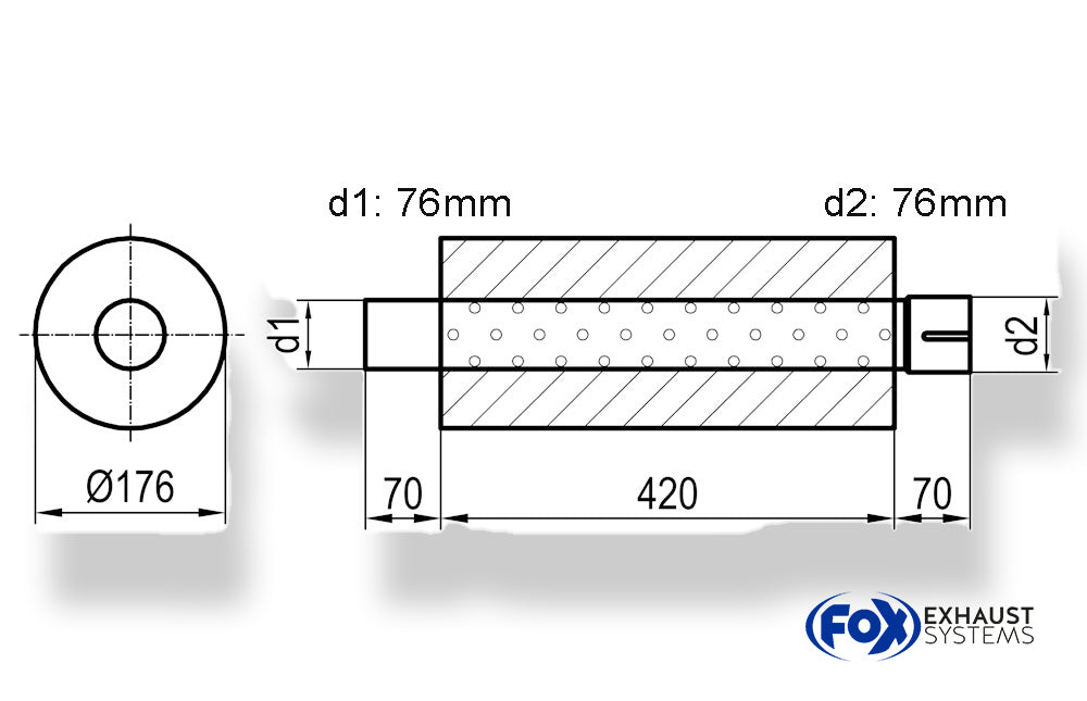 FoxUni-Schalldämpfer rund mit Stutzen - Abwicklung 556 Ø 176mm, d1Ø 76mm  d2Ø 76,5mm, Länge: 420mm