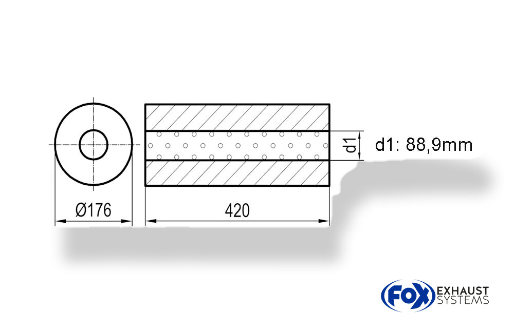 FoxUni-Schalldämpfer rund ohne Stutzen - Abwicklung 556 Ø 176mm, d1Ø 80mm, Länge: 420mm -Ø 176mm