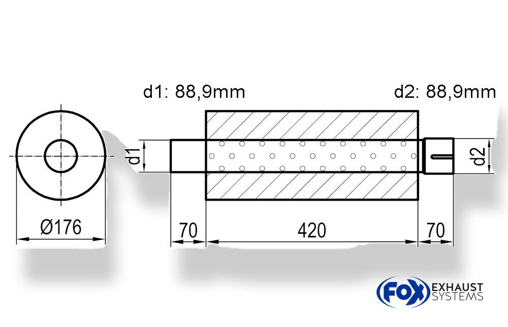 FoxUni-Schalldämpfer rund mit Stutzen - Abwicklung 556 Ø 176mm, d1Ø 80mm außen - d2Ø 80mm innen - Länge: 420mm