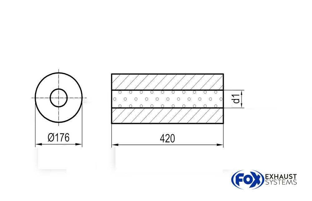 FoxUni-Schalldämpfer rund ohne Stutzen - Abwicklung 556 Ø 176mm, d1Ø 88,9mm außen - Länge: 420mm
