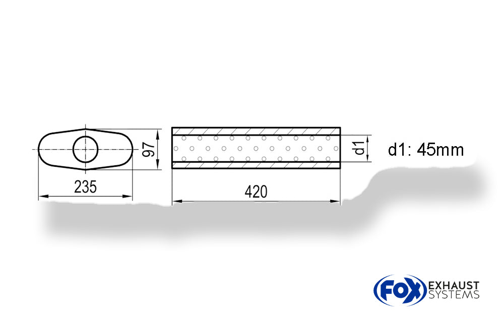 Fox Uni-Schalldämpfer oval ohne Stutzen - Abwicklung 558 235x97mm, d1Ø 45mm, Länge: 420mm