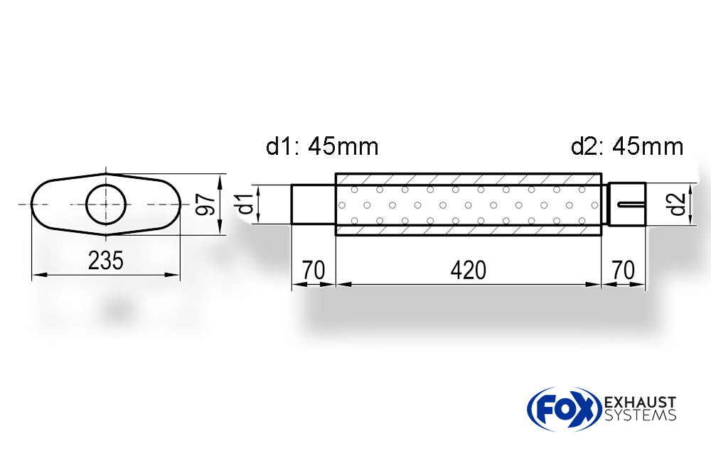 Fox Uni-Schalldämpfer oval mit Stutzen - Abwicklung 558 235x97mm, d1Ø 45mm  d2Ø 45,5mm, Länge: 420mm
