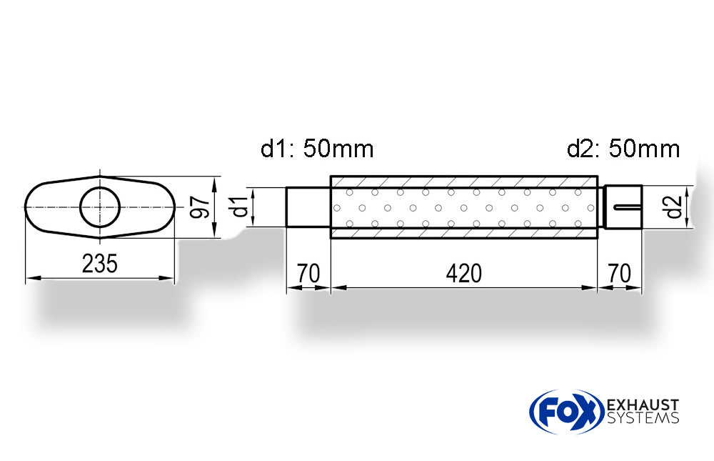 Fox Uni-Schalldämpfer oval mit Stutzen - Abwicklung 558 235x97mm, d1Ø 50mm  d2Ø 50,5mm, Länge: 420mm