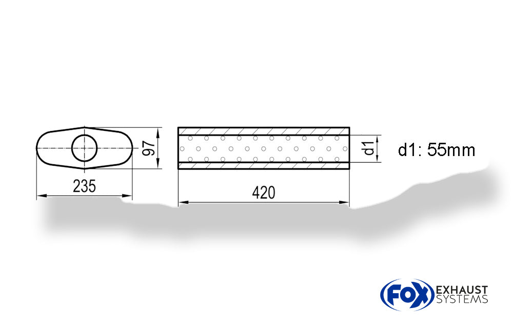 Fox Uni-Schalldämpfer oval ohne Stutzen - Abwicklung 558 235x97mm, d1Ø 55mm, Länge: 420mm