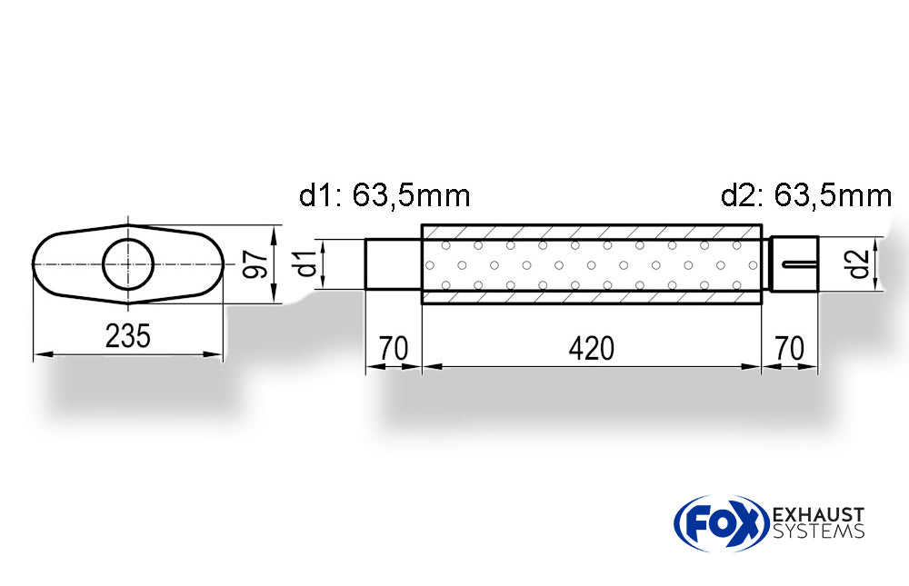 Fox Uni-Schalldämpfer oval mit Stutzen - Abwicklung 558 235x97mm, d1Ø 63,5mm  d2Ø 64mm, Länge: 420mm