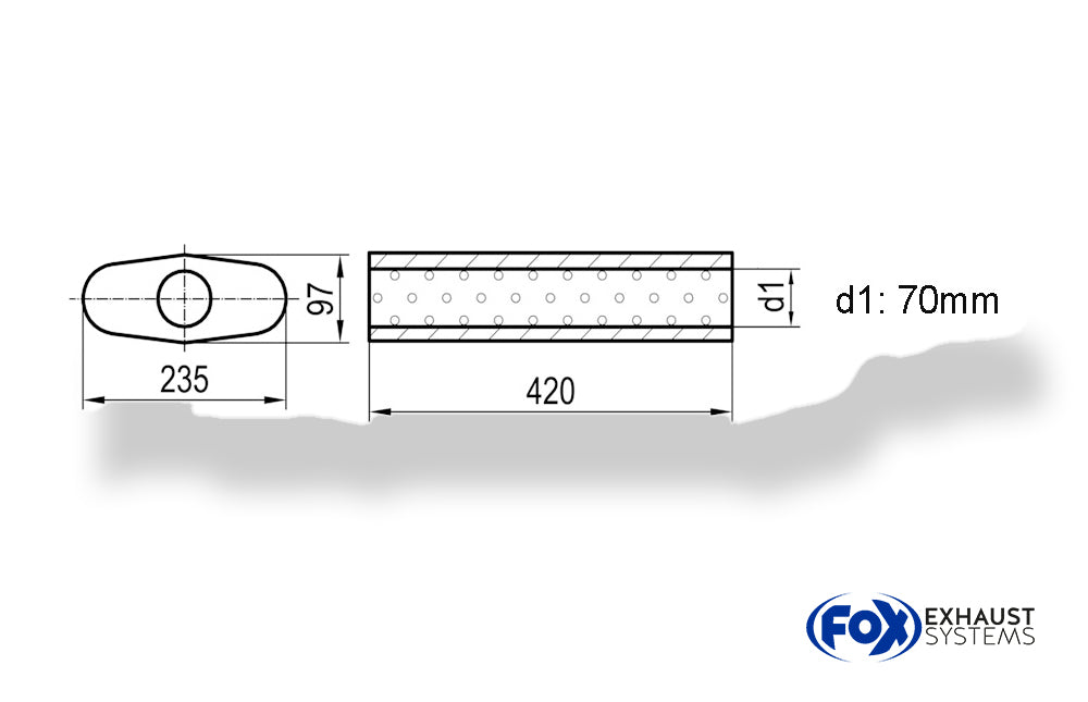 Fox Uni-Schalldämpfer oval ohne Stutzen - Abwicklung 558 235x97mm, d1Ø 70mm, Länge: 420mm