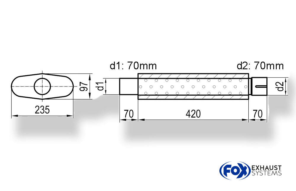 Fox Uni-Schalldämpfer oval mit Stutzen - Abwicklung 558 235x97mm, d1Ø 70mm  d2Ø 70,5mm, Länge: 420mm