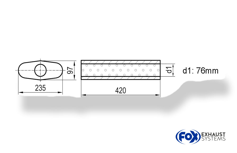 Fox Uni-Schalldämpfer oval ohne Stutzen - Abwicklung 558 235x97mm, d1Ø 76mm, Länge: 420mm