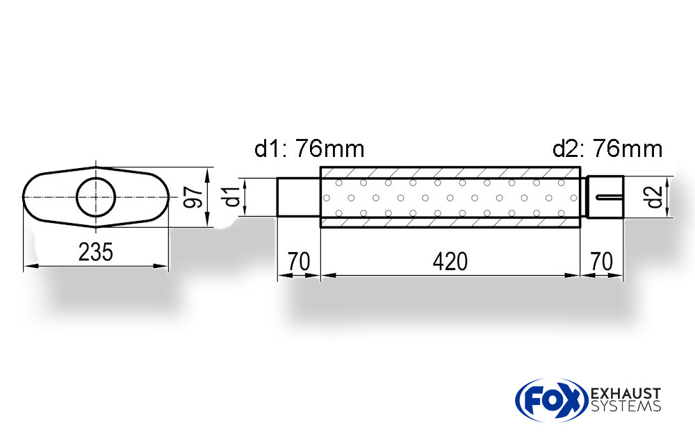 Fox Uni-Schalldämpfer oval mit Stutzen - Abwicklung 558 235x97mm, d1Ø 76mm  d2Ø 76,5mm, Länge: 420mm