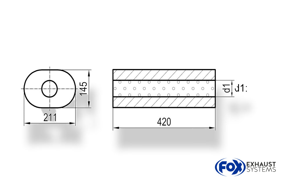 Fox Uni-Schalldämpfer oval ohne Stutzen - Abwicklung 585 211x145mm, d1Ø 101mm, Länge: 420mm