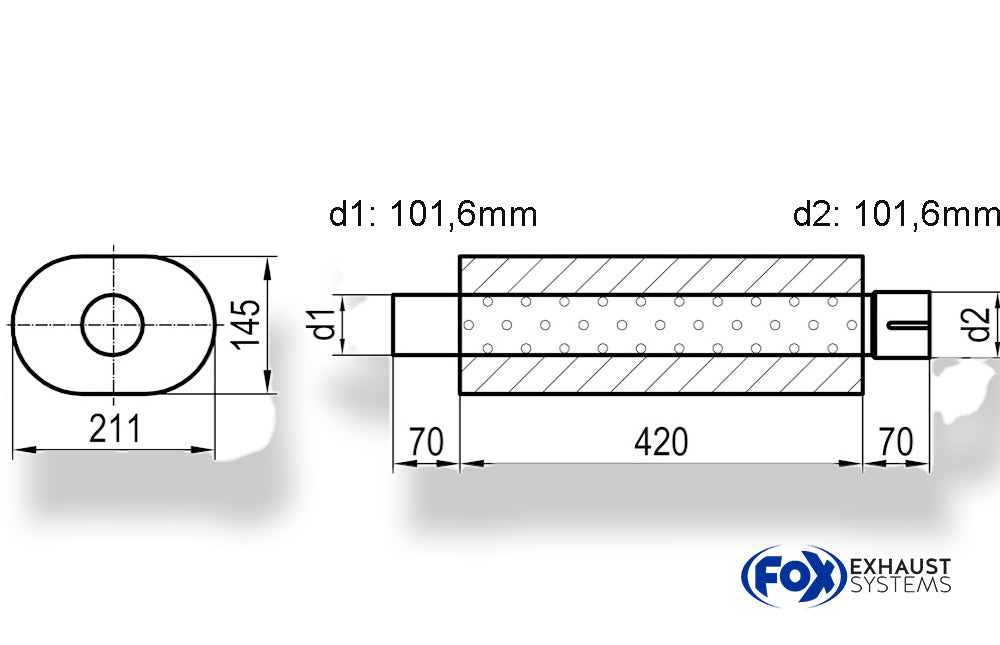 Fox Uni-Schalldämpfer oval mit Stutzen - Abwicklung 585 211x145mm, d1Ø 101 mm außen - d2Ø 101mm innen - Länge: 420mm
