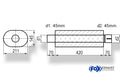 Fox Uni-Schalldämpfer oval mit Stutzen - Abwicklung 585 211x145mm, d1Ø 45mm  d2Ø 45,5mm, Länge: 420mm