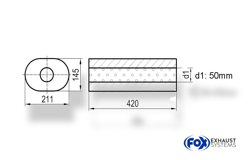 Fox Uni-Schalldämpfer oval ohne Stutzen - Abwicklung 585 211x145mm, d1Ø 50mm, Länge: 420mm