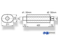 Fox Uni-Schalldämpfer oval mit Stutzen - Abwicklung 585 211x145mm, d1Ø 50mm  d2Ø 50,5mm, Länge: 420mm