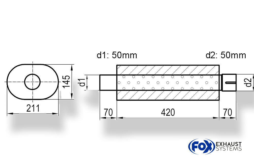 Fox Uni-Schalldämpfer oval mit Stutzen - Abwicklung 585 211x145mm, d1Ø 50mm  d2Ø 50,5mm, Länge: 420mm
