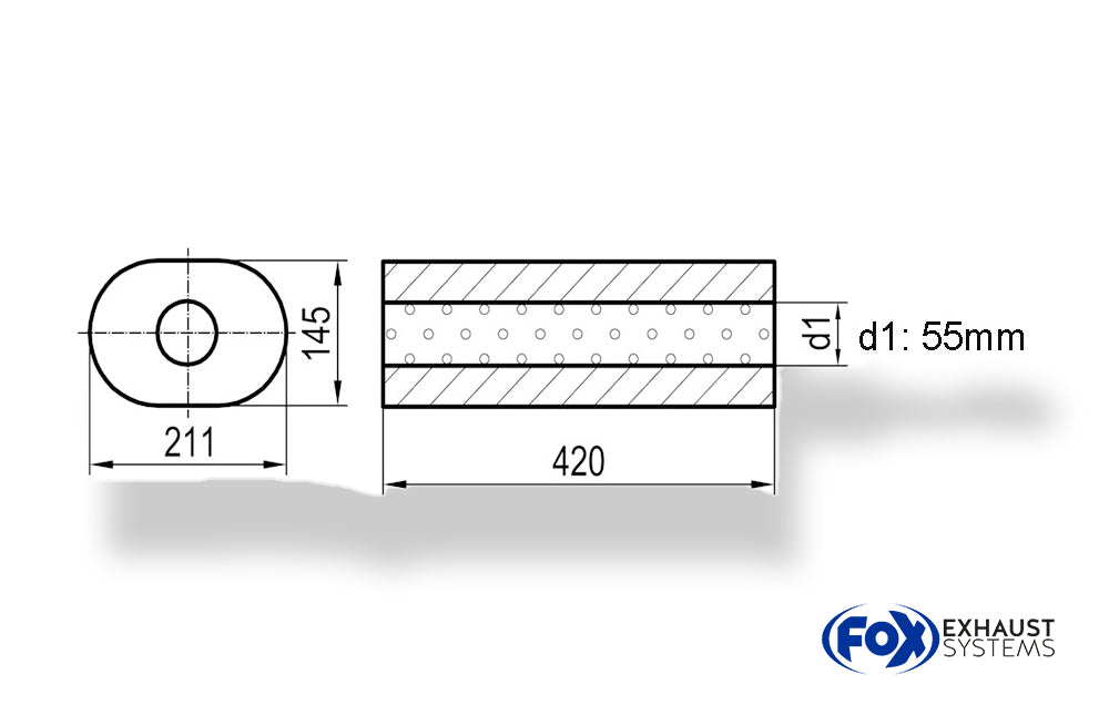 Fox Uni-Schalldämpfer oval ohne Stutzen - Abwicklung 585 211x145mm, d1Ø 55mm, Länge: 420mm