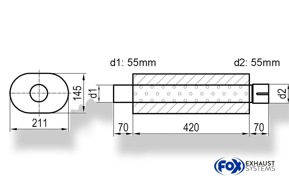 Fox Uni-Schalldämpfer oval mit Stutzen - Abwicklung 585 211x145mm, d1Ø 55mm  d2Ø 55,5mm, Länge: 420mm