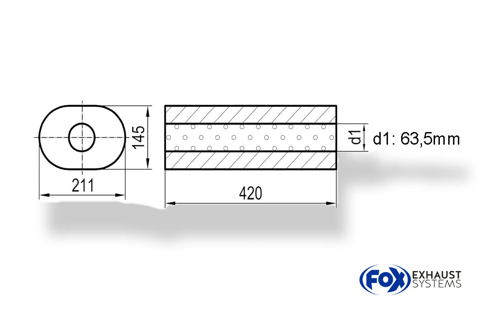 Fox Uni-Schalldämpfer oval ohne Stutzen - Abwicklung 585 211x145mm, d1Ø 63,5mm, Länge: 420mm
