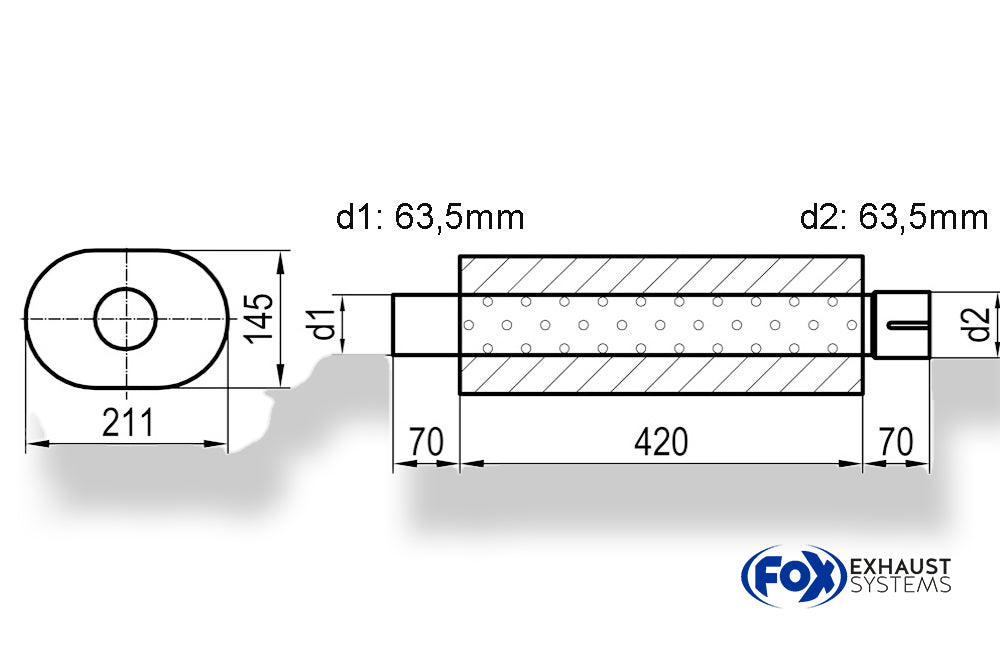 Fox Uni-Schalldämpfer oval mit Stutzen - Abwicklung 585 211x145mm, d1Ø 63,5mm  d2Ø 64mm, Länge: 420mm
