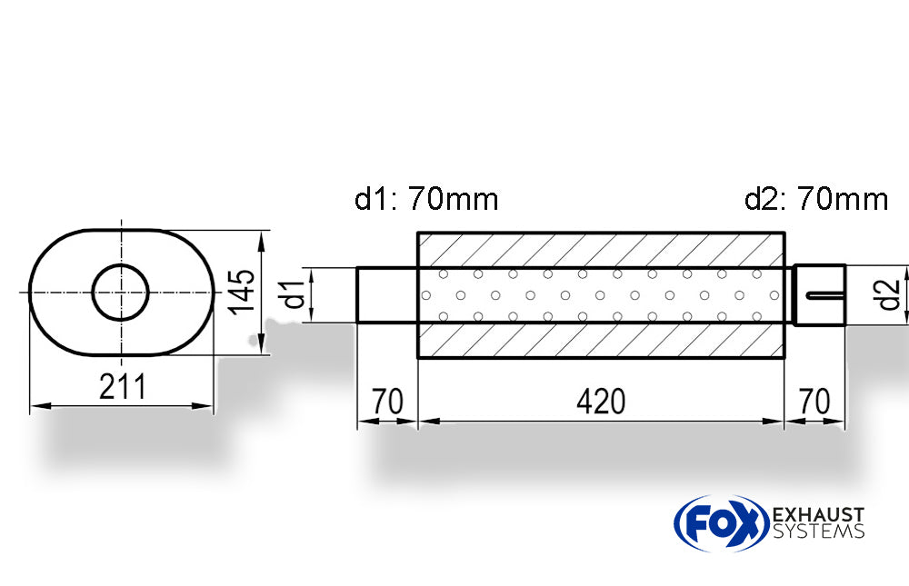 Fox Uni-Schalldämpfer oval mit Stutzen - Abwicklung 585 211x145mm, d1Ø 70mm  d2Ø 70,5mm, Länge: 420mm