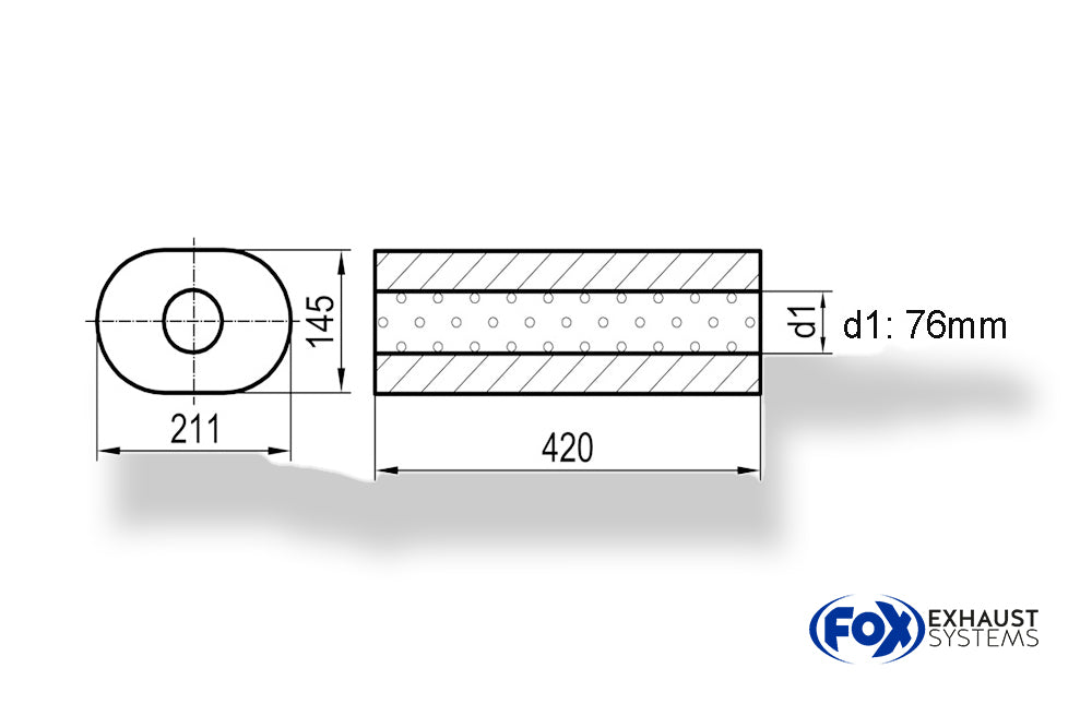 Fox Uni-Schalldämpfer oval ohne Stutzen - Abwicklung 585 211x145mm, d1Ø 76mm, Länge: 420mm