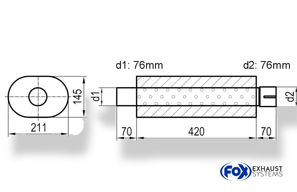 Fox Uni-Schalldämpfer oval mit Stutzen - Abwicklung 585 211x145mm, d1Ø 76mm  d2Ø 76,5mm, Länge: 420mm