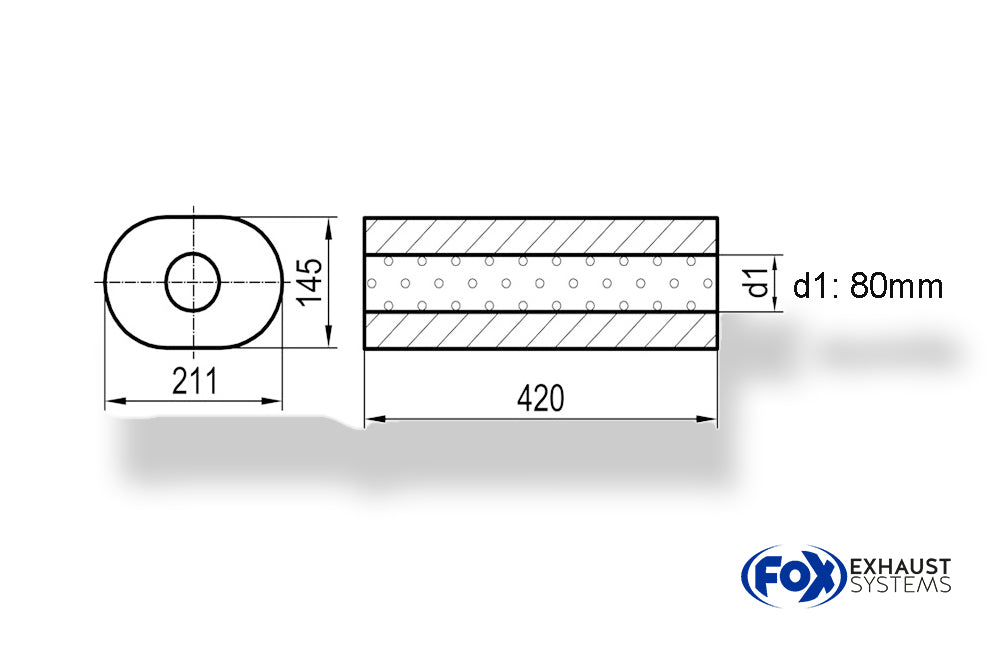 Fox Uni-Schalldämpfer oval ohne Stutzen - Abwicklung 585 211x145mm, d1Ø 80mm außen Länge: 420mm