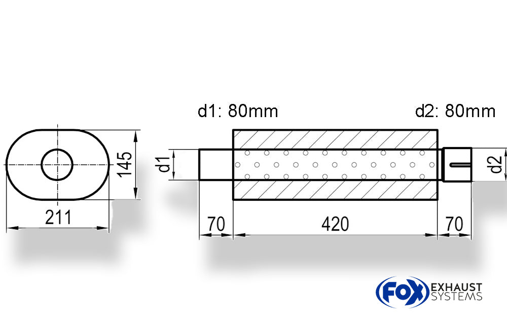 Fox Uni-Schalldämpfer oval mit Stutzen - Abwicklung 585 211x145mm, d1Ø80mm außen - d2Ø80mm innen - Länge: 420mm