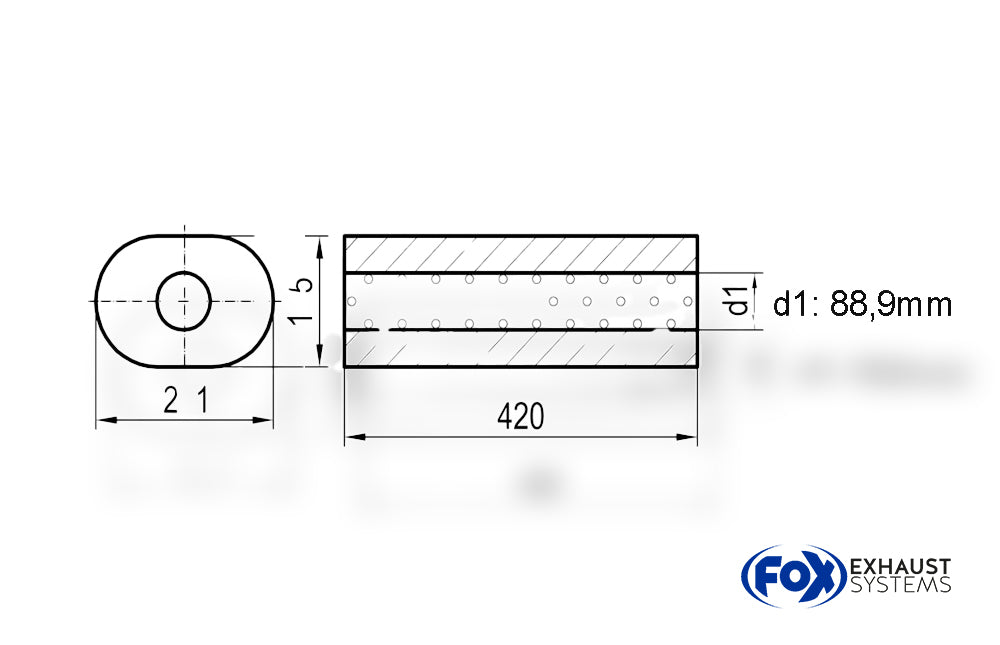 Fox Uni-Schalldämpfer oval ohne Stutzen - Abwicklung 585 211x145mm, d1Ø 88,9mm außen Länge: 420mm