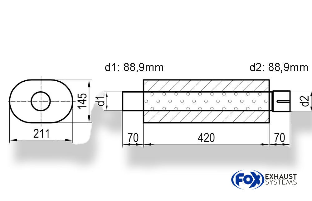 Fox Uni-Schalldämpfer oval mit Stutzen - Abwicklung 585 211x145mm, d1Ø88,9mm außen - d2Ø88,9mm innen - Länge: 420mm