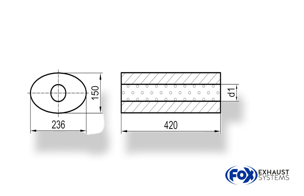 Fox Uni-Schalldämpfer oval ohne Stutzen - Abwicklung 618 236x150mm, d1Ø 101mm außen, Länge: 420mm