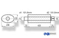 Fox Uni-Schalldämpfer oval mit Stutzen - Abwicklung 618 236x150mm, d1Ø 101,6mm außen - d2Ø 106,6mm innen, Länge: 420mm
