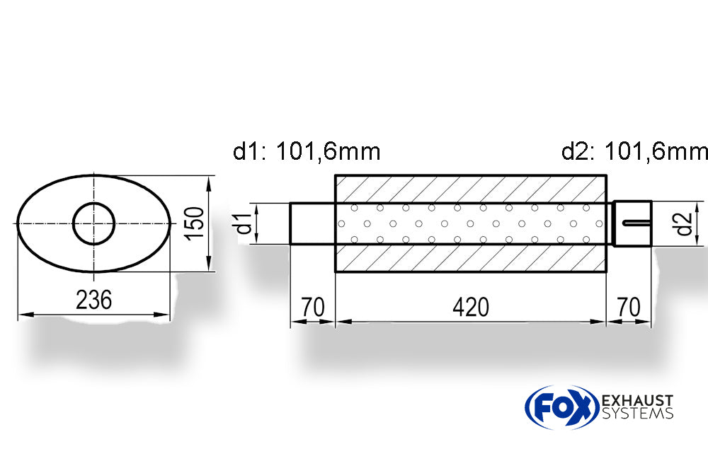 Fox Uni-Schalldämpfer oval mit Stutzen - Abwicklung 618 236x150mm, d1Ø 101,6mm außen - d2Ø 106,6mm innen, Länge: 420mm