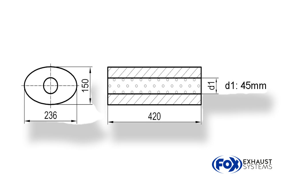 Fox Uni-Schalldämpfer oval ohne Stutzen - Abwicklung 618 236x150mm, d1Ø 45mm, Länge: 420mm