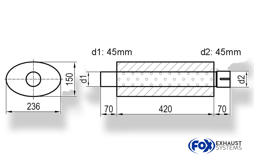 Fox Uni-Schalldämpfer oval mit Stutzen - Abwicklung 618 236x150mm, d1Ø 45mm  d2Ø 45,5mm, Länge: 420mm